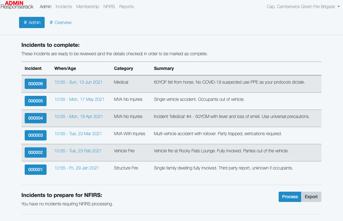 Responserack guided administration for NFIRS/NERIS